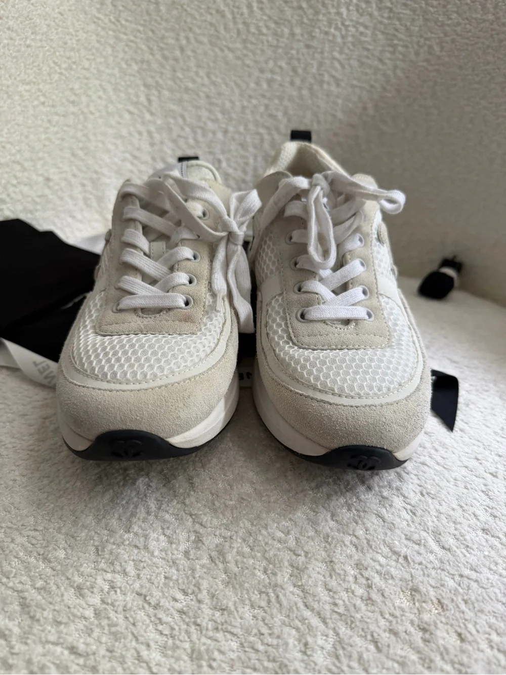 CHANEL Cream and White Interlaced CC Logo Sneakers